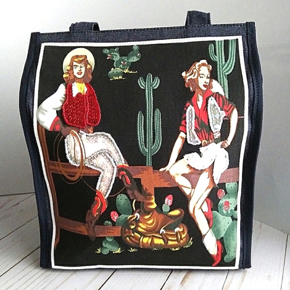 BEADED & SEQUINED TWO RETRO COWGIRLS SCENE ZIPPERED CANVAS TOTE/HAND BAG